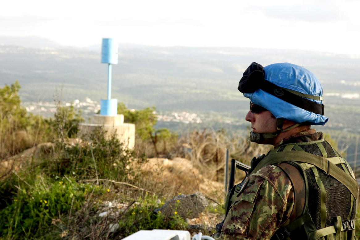 An Italian peacekeeper of the United Nations Interim Force in Lebanon (UNIFIL) patrols the "Blue Line" that demarcates the border between Lebanon and Israel. 17/Jan/2009. UN Photo/Eskinder Debebe. www.unmultimedia.org/photo/